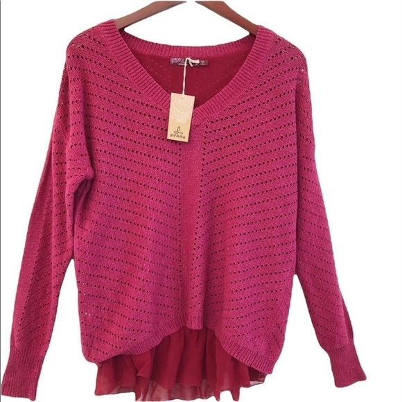 PRANA NWT Ellery Ruffle Hem Knit Pullover Sweater Size Small in Plum Red - Picture 2 of 12